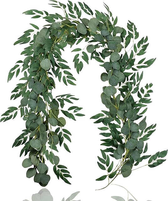Falflor 2Pcs Greenery Garland 6.5Ft Artificial Eucalyptus Garland and 6.5Ft Willow Leaves Garland Table Runner Vine Garland for Wedding Home Decor(2Pcs)