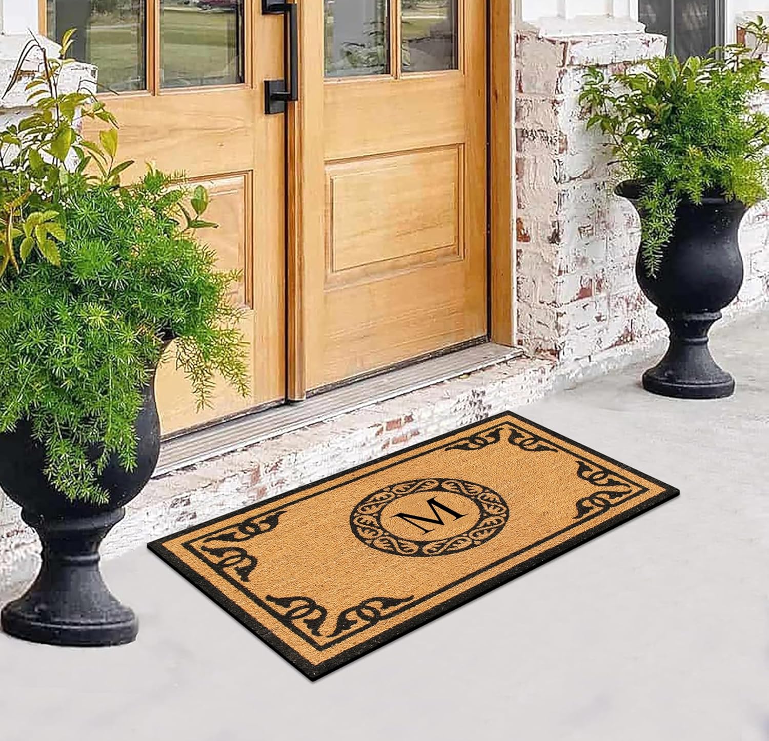 A1HC Natural Coir Monogrammed Doormat for Outside Entrance, Anti-Shed Treated Mats, Heavy Duty Durable EntryMat, Easy to Clean Front Door Mat - M, 30" X 48"