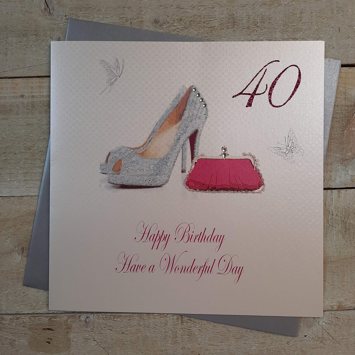 white cotton cards Large Handmade 40 Happy Birthday Have a Wonderful Day Shoes and Bag 40th Birthday Card, White