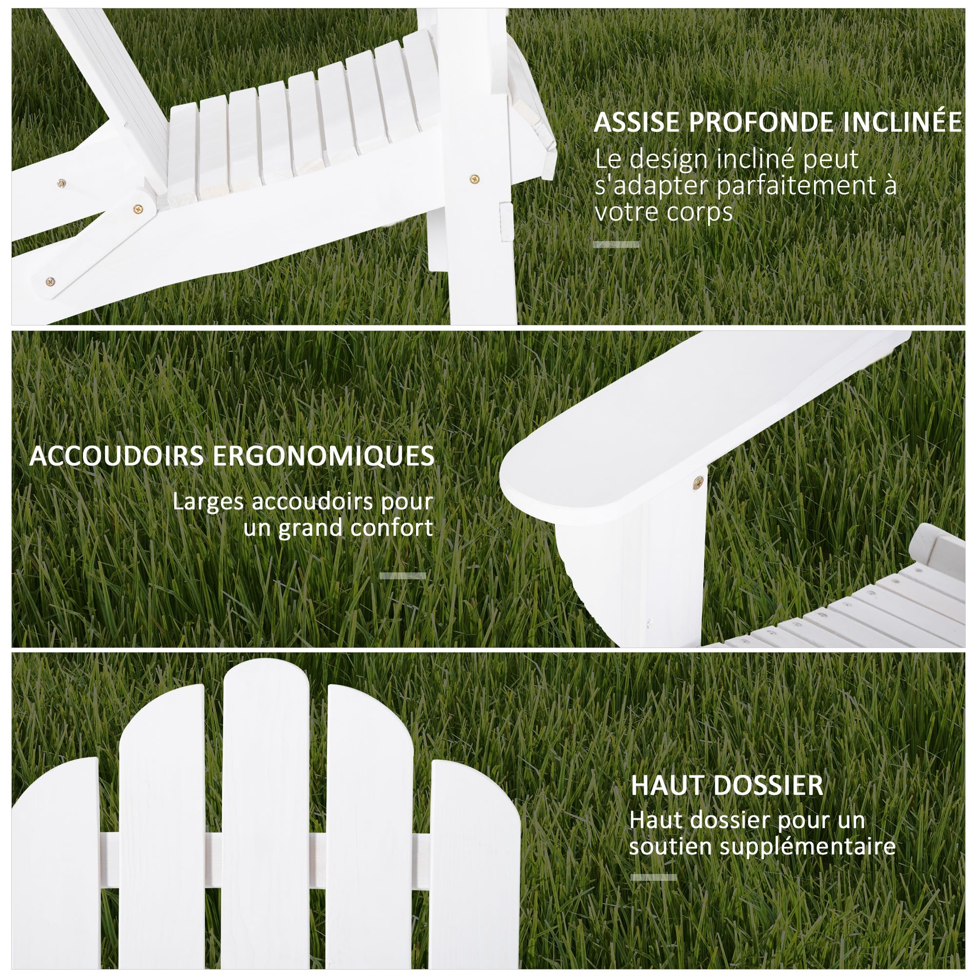Outsunny Poltrona Adirondack pieghevole da giardino, grande comfort, seduta profonda, schienale inclinato, legno di pino trattato verniciato bianco