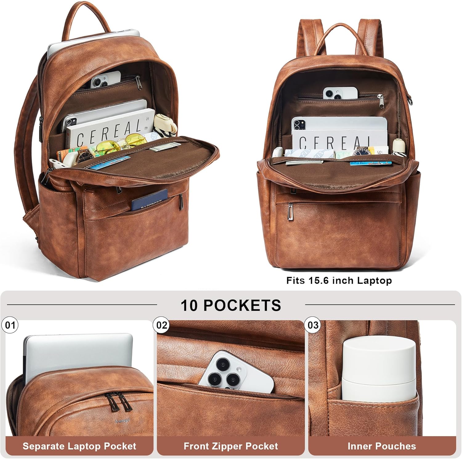 Vegan Leather Backpack for Women, Fits 15.6 Inch Laptop, Multi-Pocket Design with Water Bottle and Luggage Strap, Ideal for Work, Travel, and Daily Use, Brown - Image 6