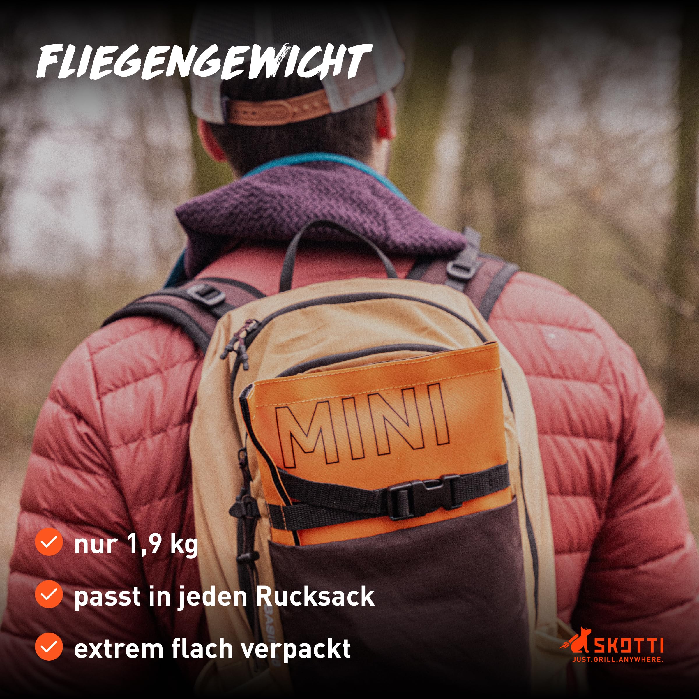 SKOTTI Mini, Holzkohlegrill, Campinggrill Holzkohle klappbar, Ideal für Camping, Balkon, Festivals oder Survival, Campingkocher für Holz, als Hobo Kocher und Survival Kocher nutzbar Solo Camping Stove