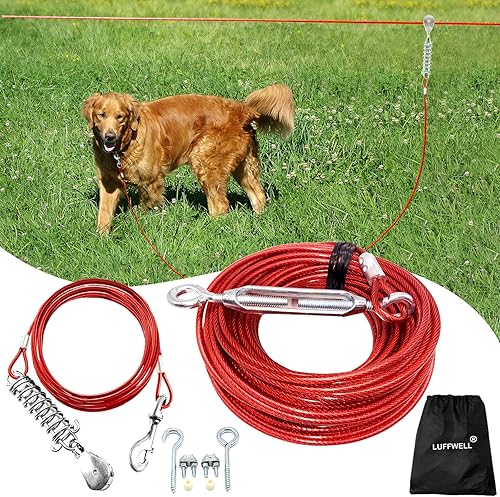 Camino para perros de 100 pies para patio con cable de amarre de 15 pies, sistema de carrito resistente para perros grandes de hasta 250 libras, uso