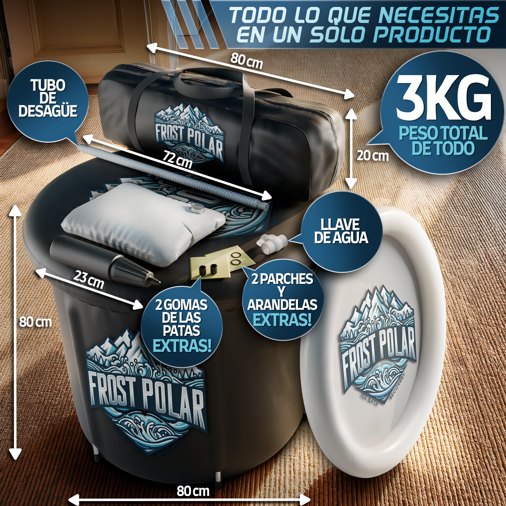 FROST POLAR - Bañera Hielo Recuperacion 350 Litros - Ice Bath 80 cm x 85 cm Soportes de Aleacion de Aluminio - Bañera Agua Fria Incluye, Almohada, Bolsa Almacenaje Impermeable y Recambios.