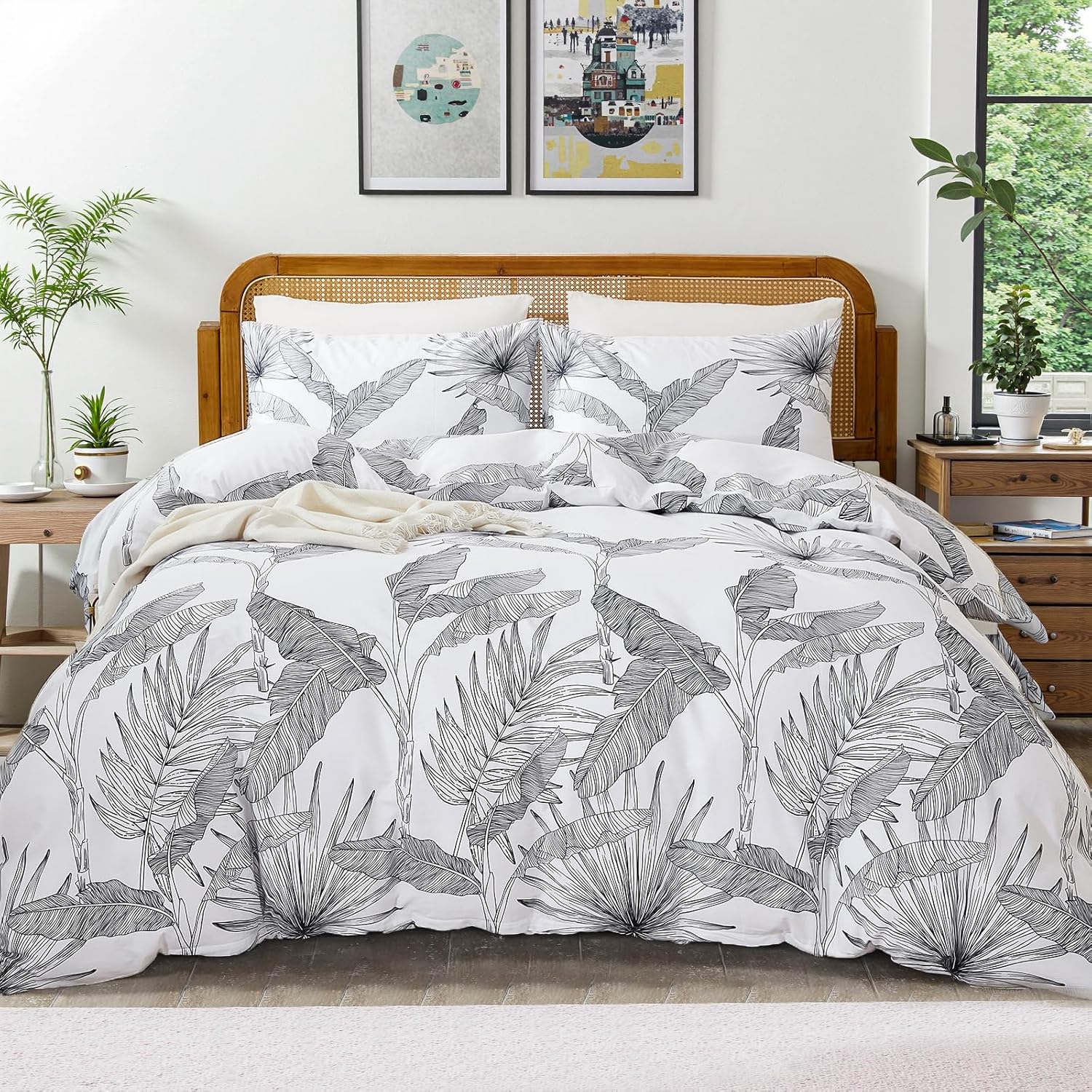 Bedding_Dreamer Palm Leaf Duvet Cover Set Queen 100% Cotton Duvet Cover Botanical Reversible Floral Leaves Beding Sets 3 Pcs Soft Breathable with Zipper Closure Boho Tropical Bedding