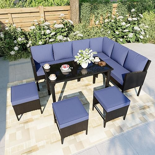 7 Pieces Patio Dining Set with Ottoman, Outdoor Conversation Sets with Glass Dining Table, Black Wicker Rattan Sectional Seating Sofa Group Furniture for Outside, Balcony, Garden, Blue Cushions