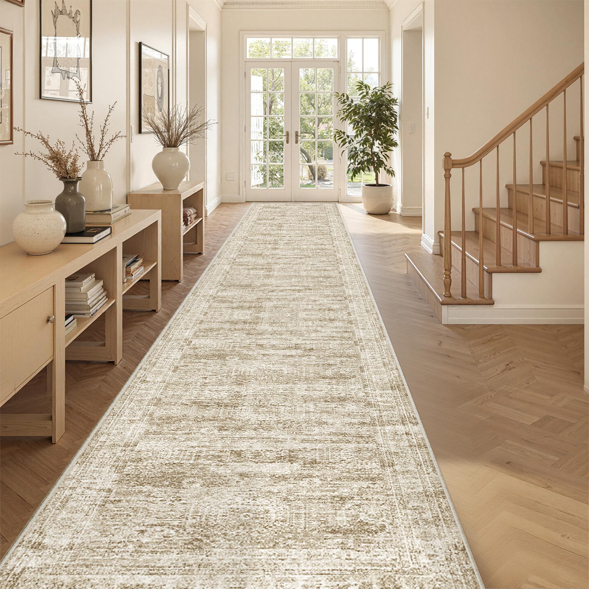Restydon 3x20 Washable Runner Rug for Hallway, Non-Slip Long Hallway Runner for Entryway, Soft Vintage Kitchen Mats for Floor, Abstract Dining Room, Bedroom, Living Room Rugs(3'x20', Brown/Ivory) โ image 1