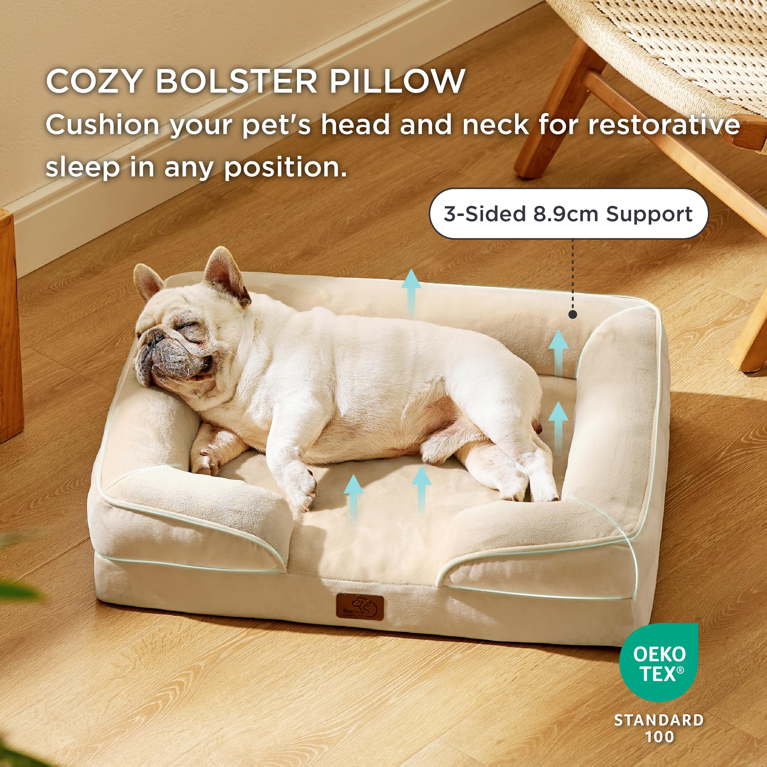 Bedsure, Letto/divano ortopedico per cani, di dimensioni medie, con rivestimento in flanella con cerniera sfoderabile e lavabile, kaki chiaro, 71 x 58 x 16 cm, dimensioni della seduta: 48 x 47 cm