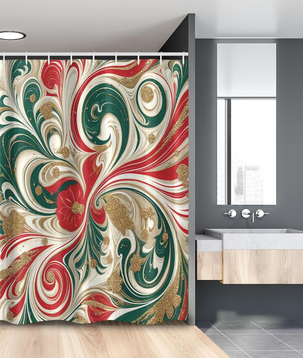 Ambesonne Christmas Stall Shower Curtain, Abstract Winter Feel Marble Print Art with Curling Lines Xmas Modern, Fabric Bathroom Decor Set with Hooks, 54" W x 78" L, Dark Pink Green Ivory