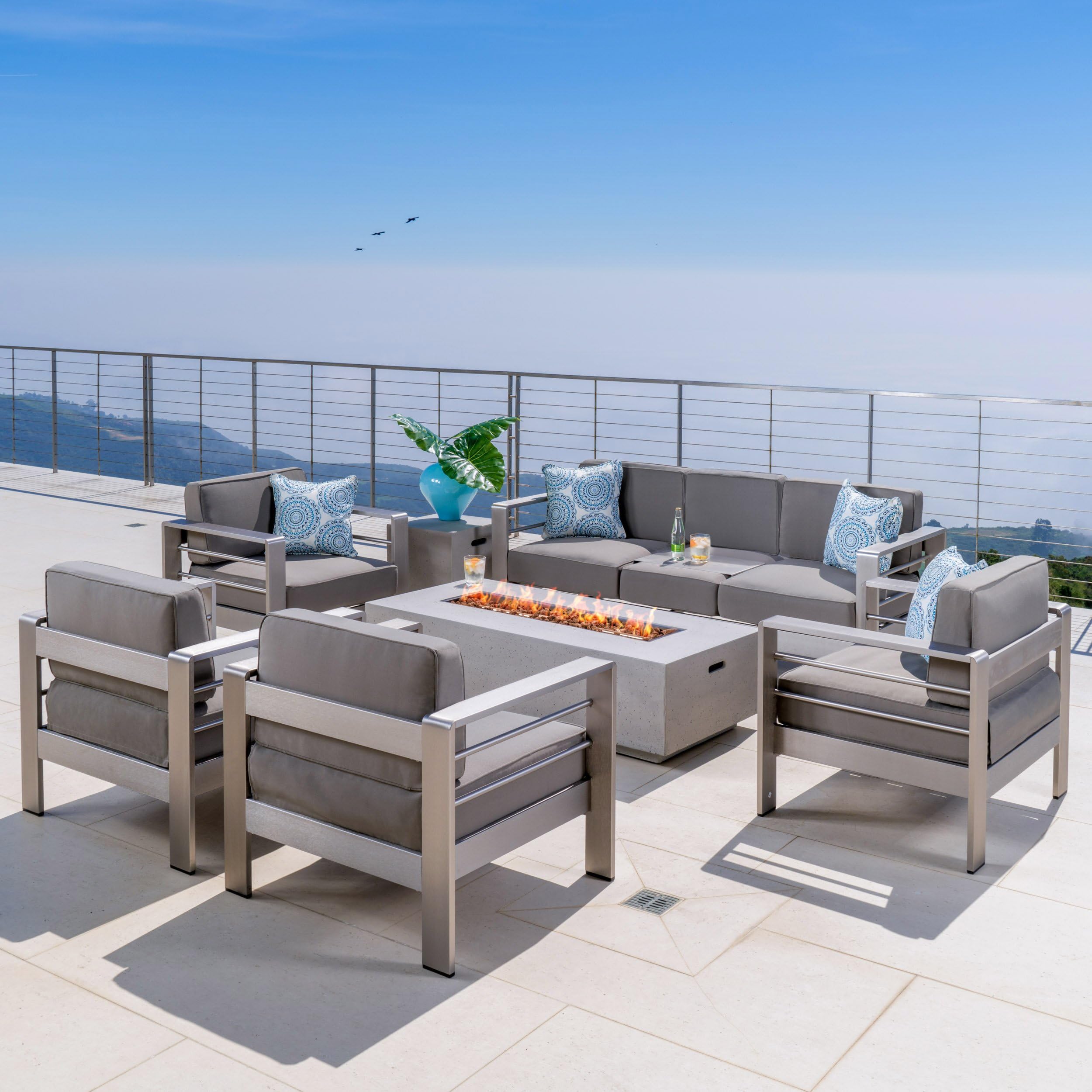 Great Deal Furniture Noble House Cape Coral Outdoor Set of Club Chairs w/Loveseat & Firepit