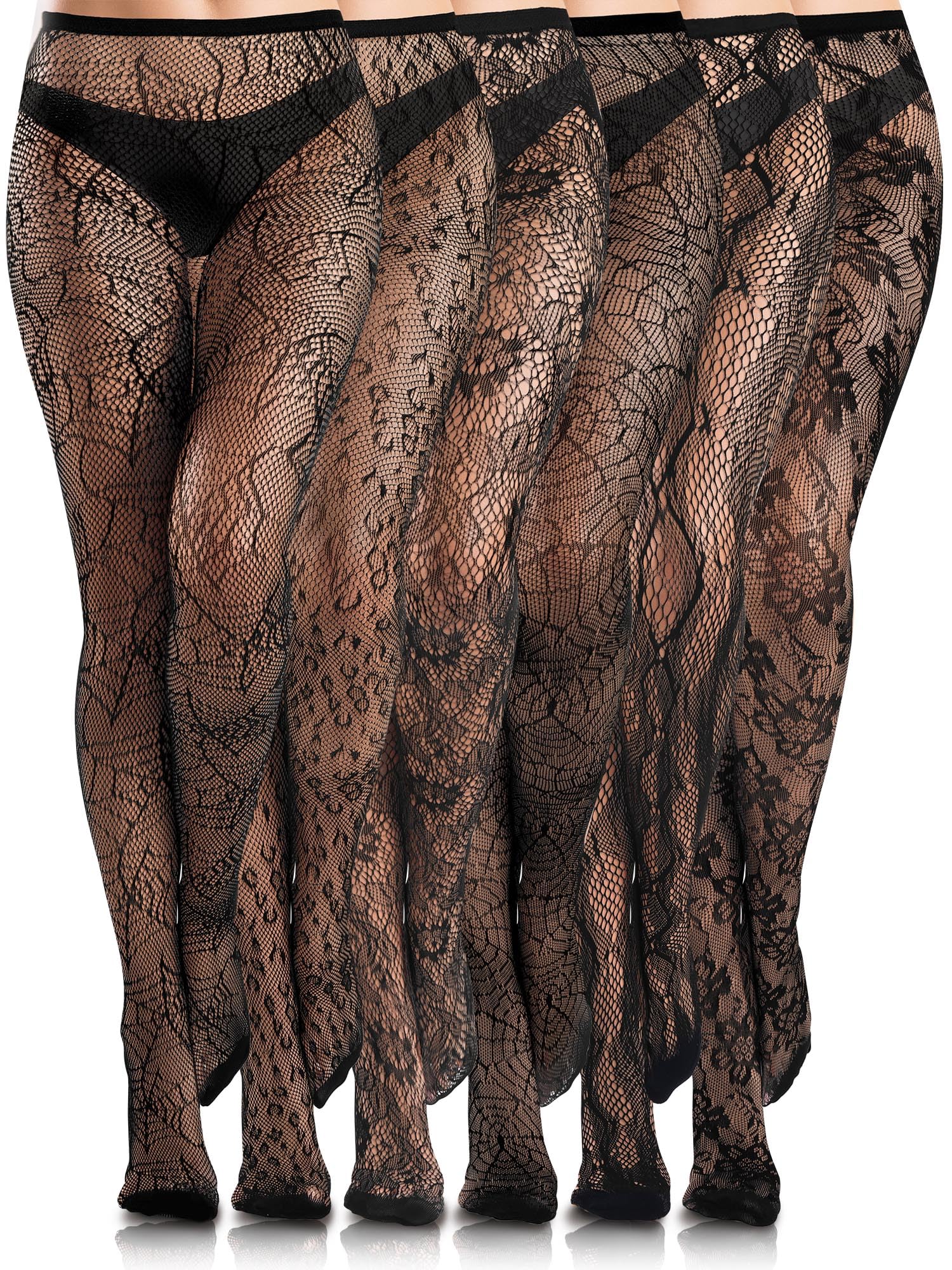 Ramede 6 Pairs Women Fishnet Thigh High Stockings Waist Tights Bow Patterned Goth Fishnet Leggings Pantyhose for Halloween Leopard Black One Size