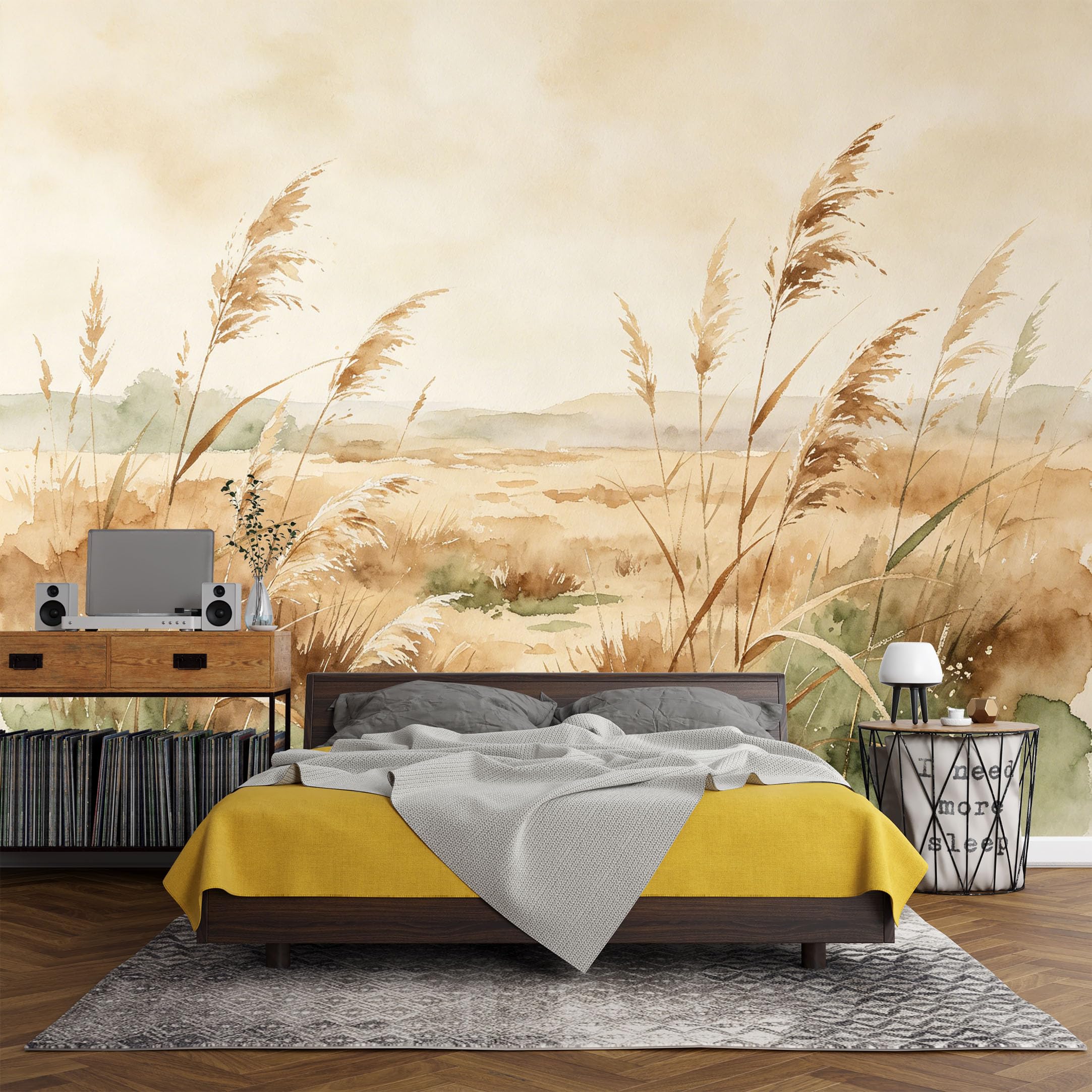 Custom Size Wall Mural， Watercolor Meadow Grasses Landscape Pastel Nature Botanical，SelfAdhesive Art Prints wall Fabric (No PVC) Removable Wallpaper Living Room Decor