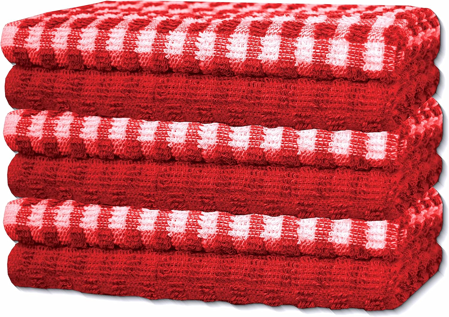 Bargain Hunt Mono Check Terry Cotton Tea Towels Kitchen Hand Towels Linen Set of 6 (Red)
