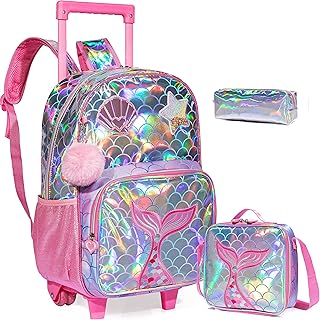 ZBAOGTW Mermaid Rolling Backpack for Girls Kids Backpack with Wheels for Elementary Kindergarten Girls Wheeled Backpack Carry on Luggage for School Travel