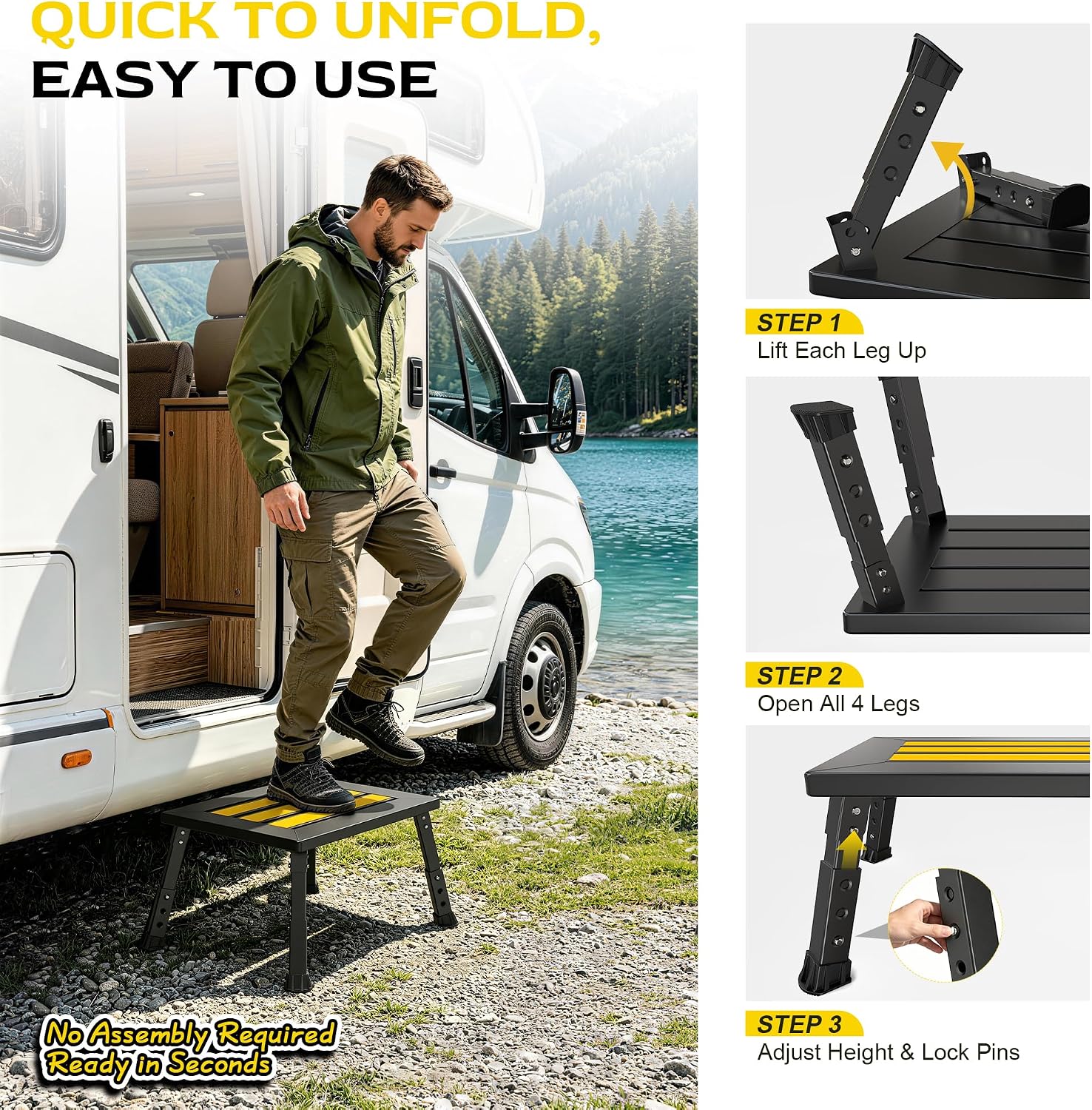 Adjustable RV Step Stool, 17" x 13" Wide Platform, Foldable Legs