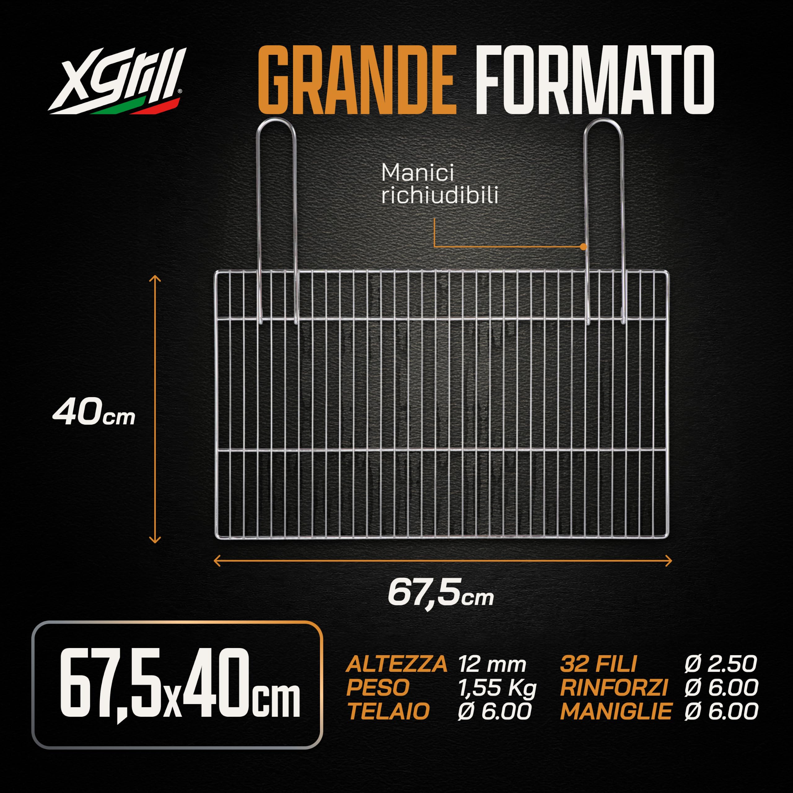 XGRILL | Griglia Barbecue 67,5x40 cm in Acciaio Cromato con Manici Richiudibili | Griglia BBQ Portatile per Barbecue a Carbone e Muratura | Made in Italy