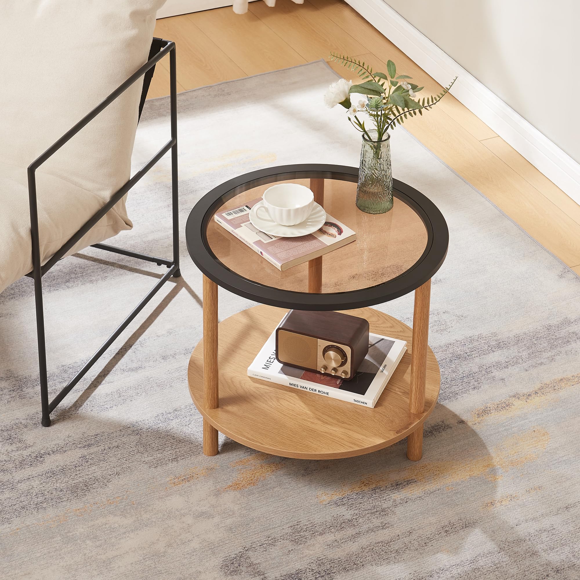 [en.casa] Table d'Appoint avec Plateau Rond en Verre Trempé de 6 mm Tablette Inférieur Bout de Canapé Table Basse Guéridon MDF Bambou 51 x 45 cm Bronze Noir Naturel