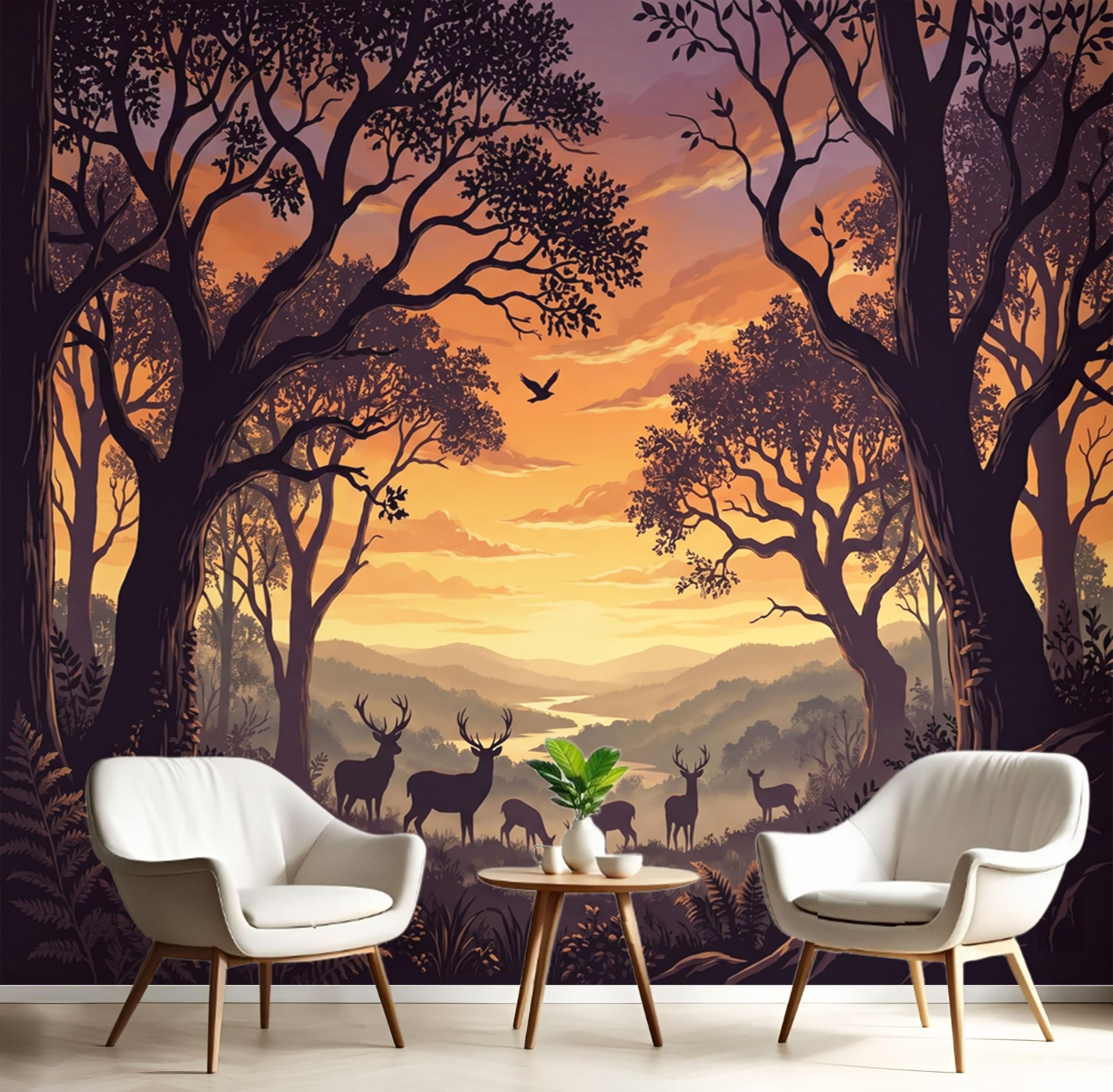 Papier peint panoramique forêt cerfs orange décor mural luxe grand format