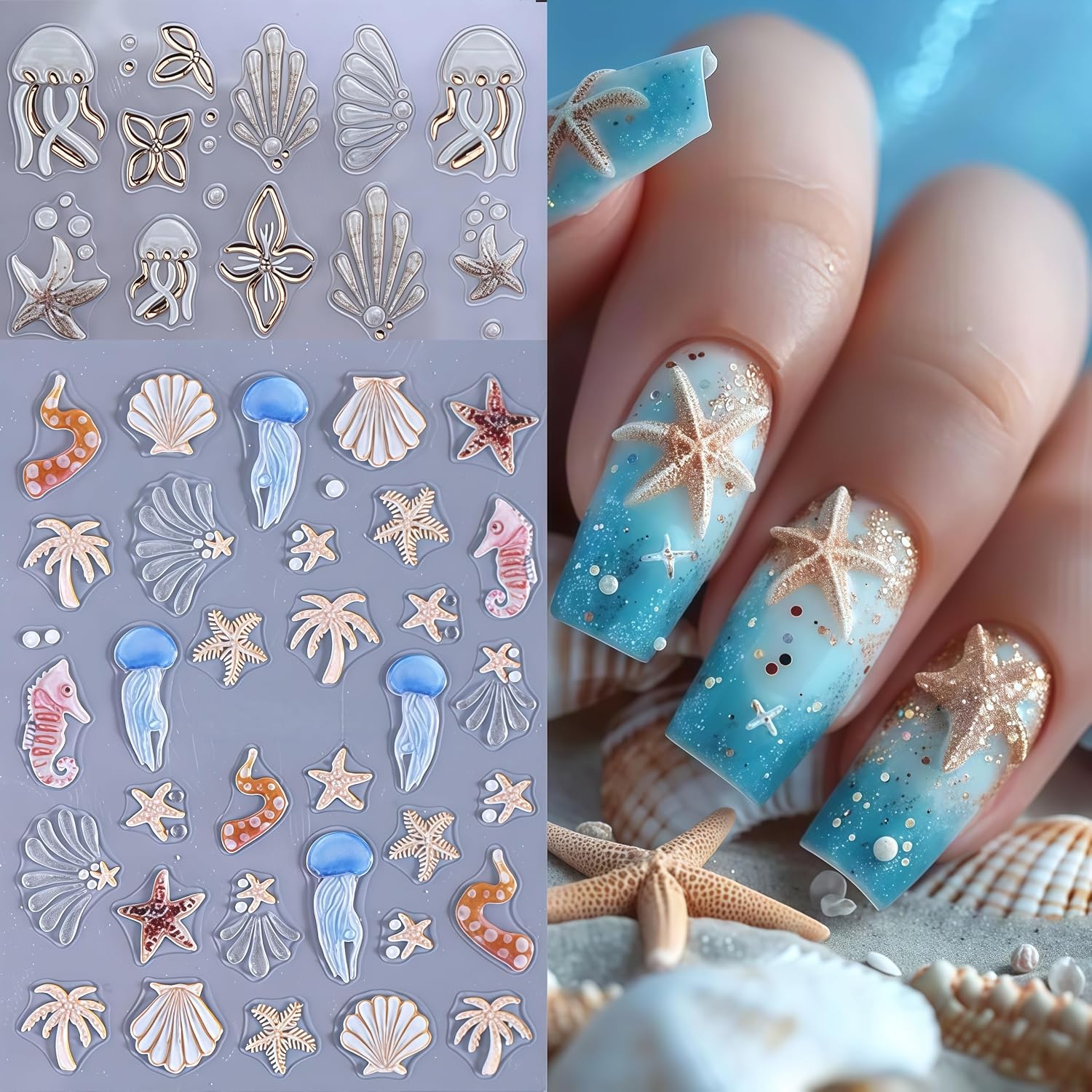 3 Sheets Ocean Life 5D Embossed Nail Art Stickers Decals Self Adhesive Nail Decals Starfish Seashell Jellyfish Coconut Trees Nails Design Summer Sea Theme Nail Supplies Tropical Nail Decor for Women