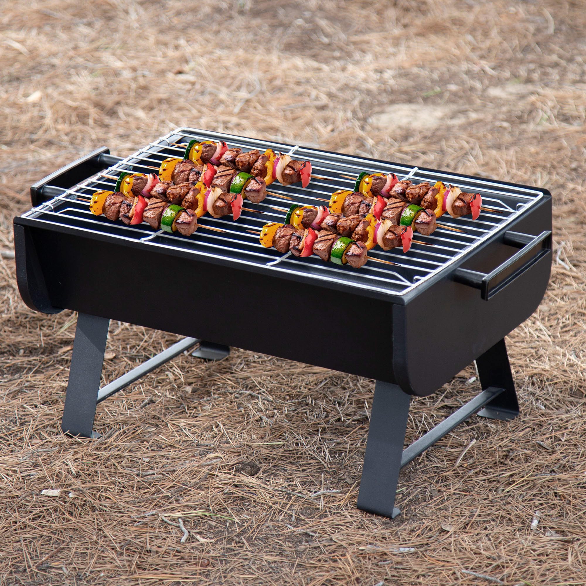 AKTIVE 63168 przenośny grill na węgiel drzewny, stalowy, 45 x 30 x 25 cm, z bocznymi uchwytami i grillem ze stali nierdzewnej, optymalny na kemping