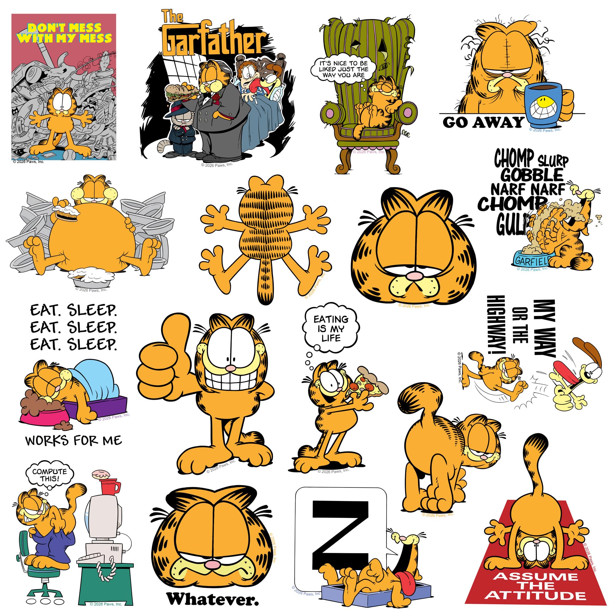 Garfield Cattitude Classics Vinyl-Aufkleber, 50 Stück, groß, Deluxe-Aufkleber, Sortimentspackung – Laptop, Wasserflasche, Scrapbooking, Tablet, Skateboard, Indoor/Outdoor