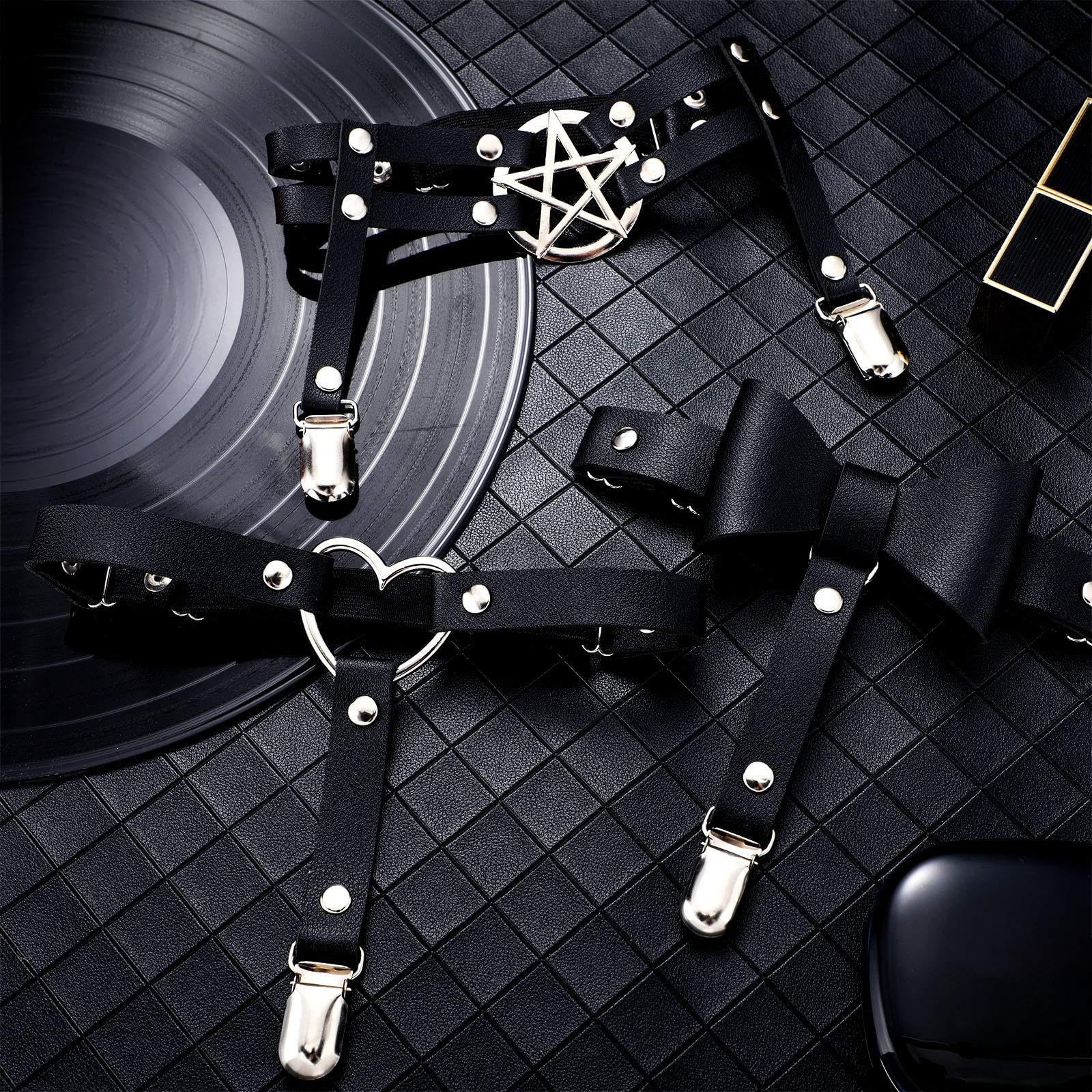 Syhood 6 Pieces Thigh High Garter Belt Heart Star Shaped Butterfly Knot Punk Leg Garter with Anti Slip Clips Elastic Punk Gothic Adjustable Thigh Ring for Women