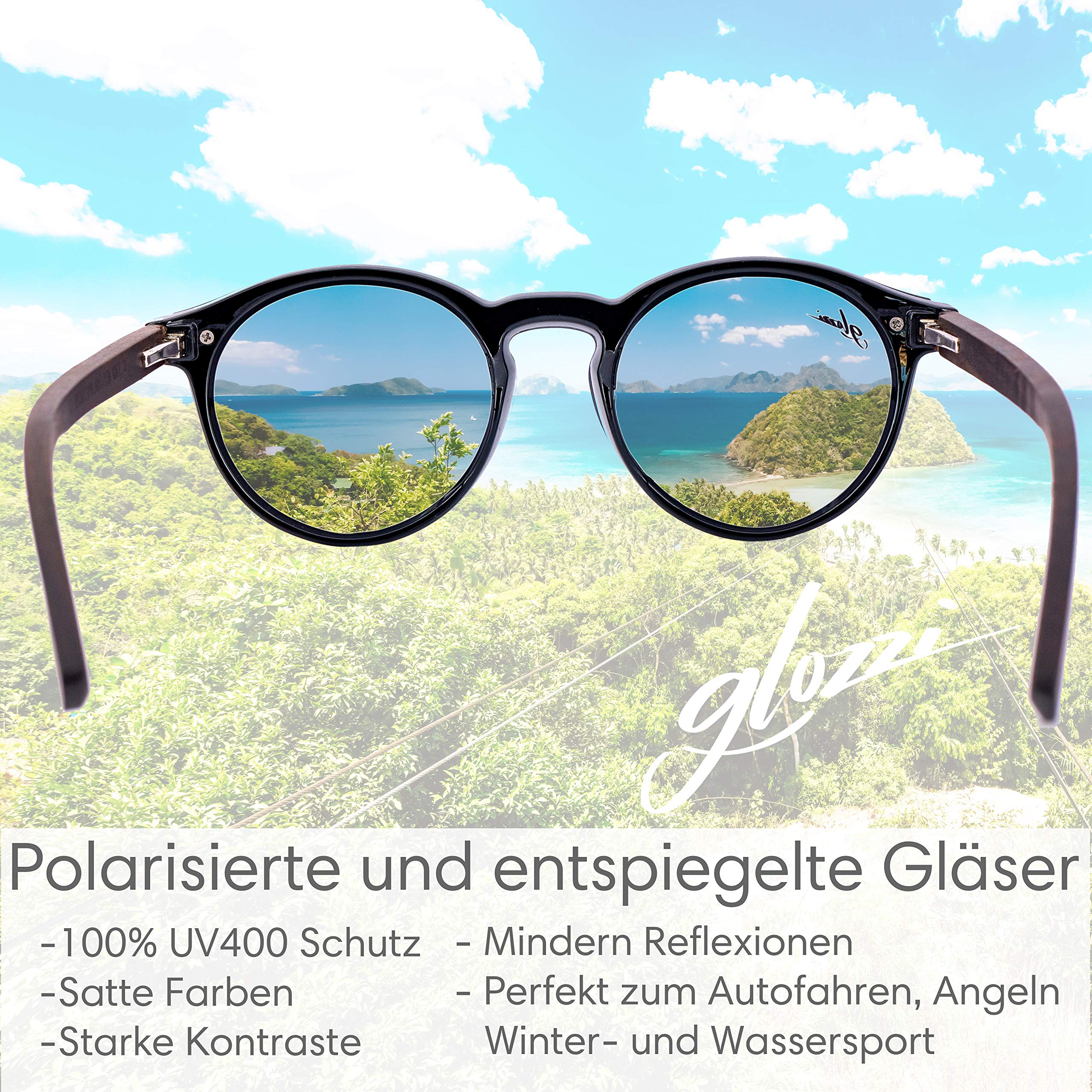 Sonnenbrille Damen Holz Polarisiert UV400 Rund mit Holzbügeln und Brillenetui aus Kork