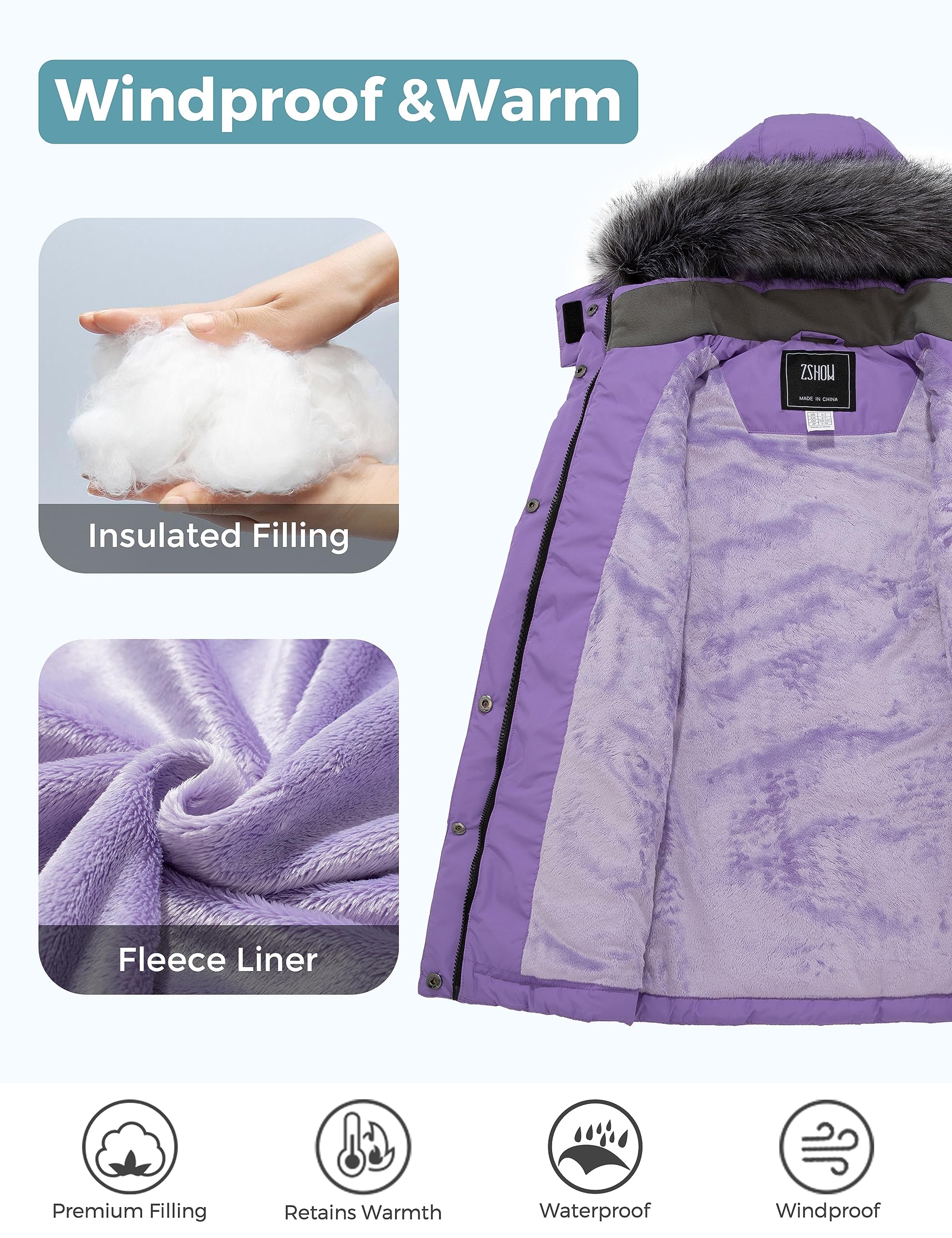 ZSHOW Mädchen Winterjacke mit Fleece Warm Baumwolle Lange Parka | Wasserdicht, Winddicht, Atmungsaktiv,Fleecefutter, Abnehmbare Kapuze, Reißverschlussjacke,Wintermantel,Alltag & Outdoor