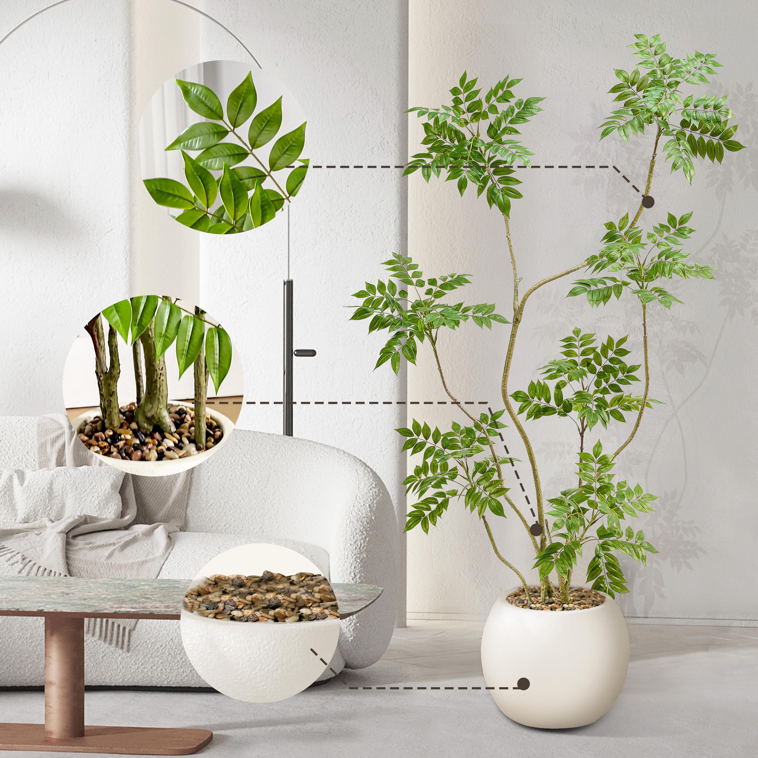 Künstlicher Mahonia Fortunei Baum 180 cm, Kunstpflanzen Groß mit Weiß Topf | Kunstpflanze Sumachbaum Plastik Pflanze Kunstbaum für Zimmer Wohnzimmer Schlafzimmer Büro Terrasse Balkon Garten Deko