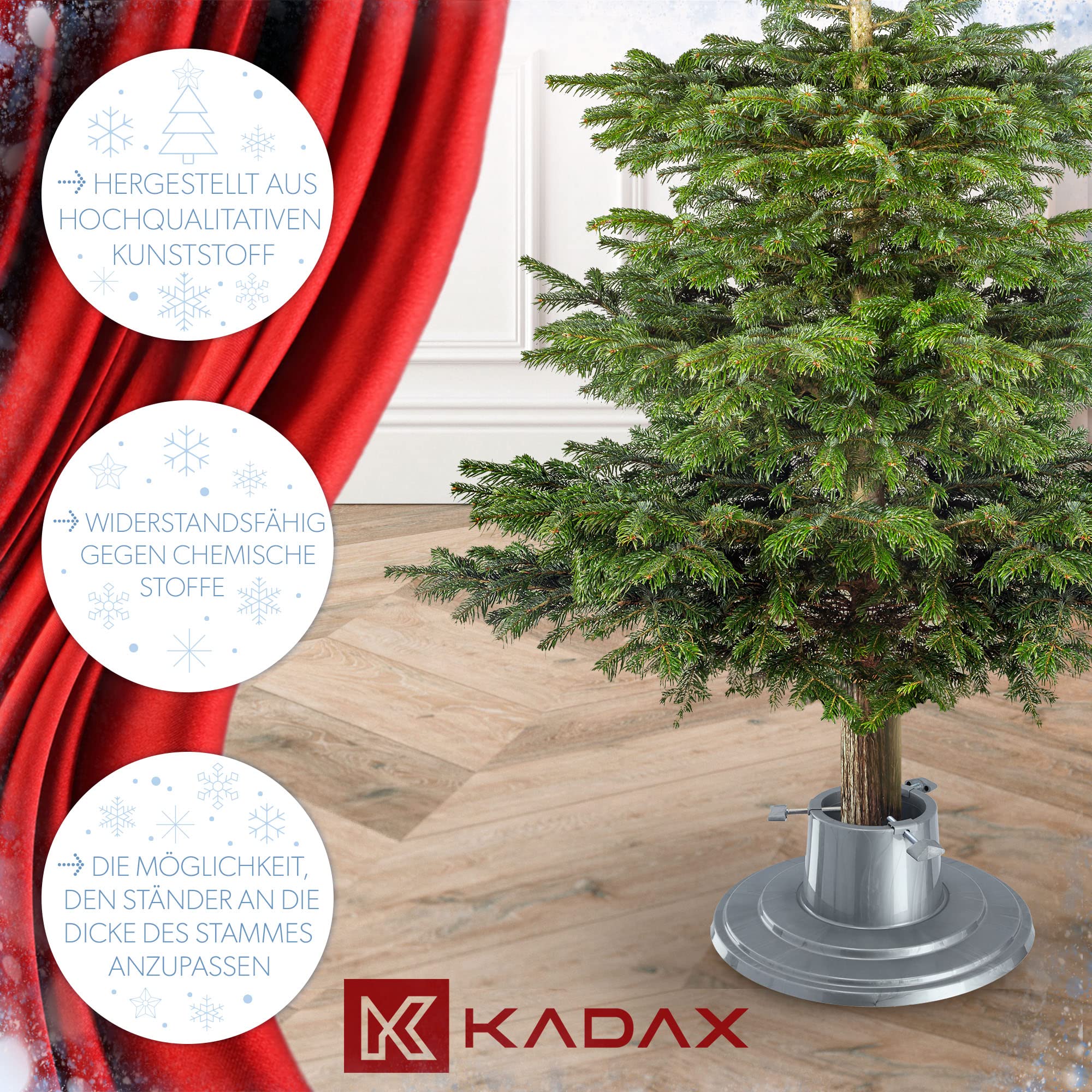 KADAX Weihnachtsbaumständer, Christbaumständer mit Wasserbehälter, Tannenbaumständer für einen echten Baum, Kunststoffständer für einen Weihnachtsbaum (Silber / Baumhöhe bis 2m)