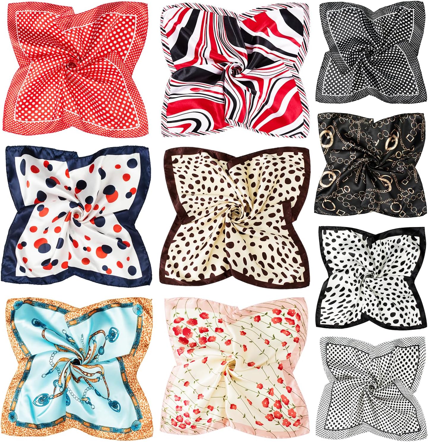 10 PCS Mixed Set Scarf 20 inch x 20 inch,Fashion Square Satin Neck Scarf Head scarf for Women Hair Scarf Bundle
