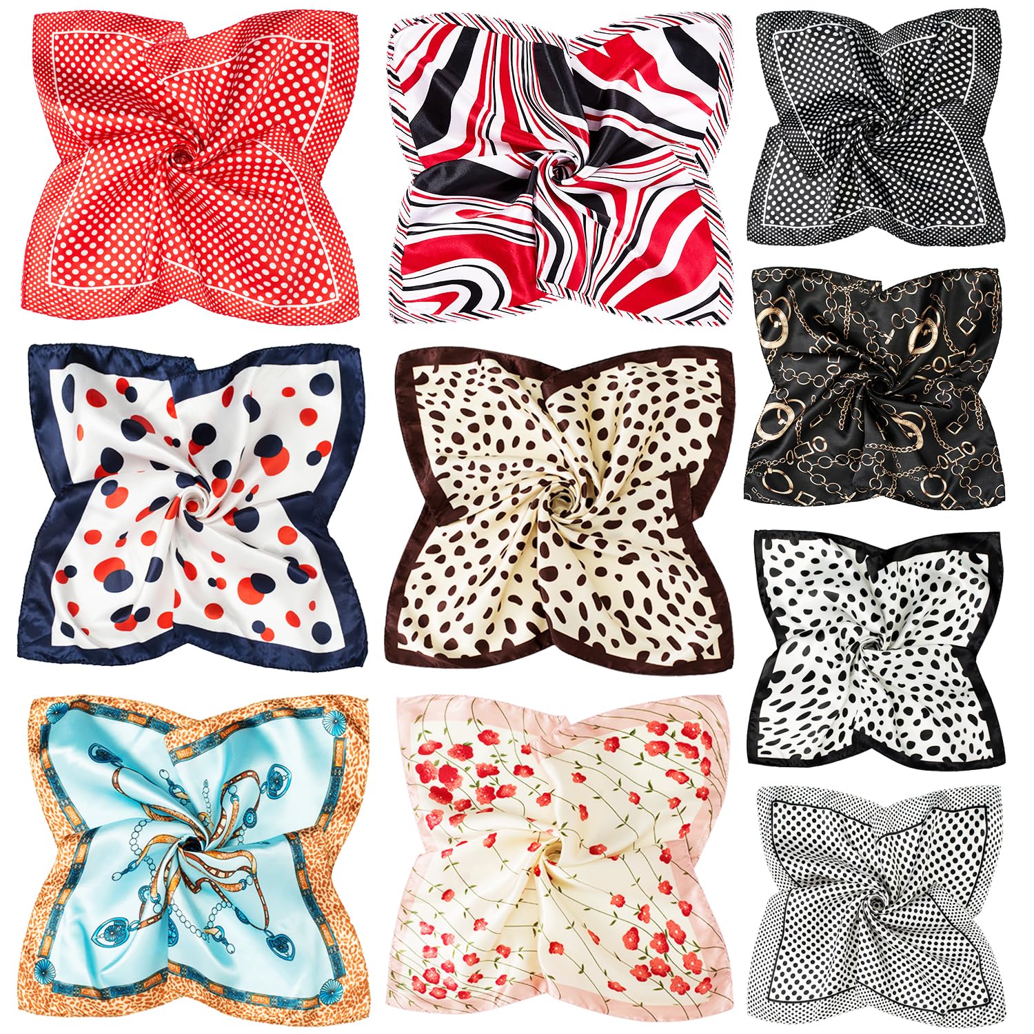 10 PCS Mixed Set Scarf 20 inch x 20 inch,Fashion Square Satin Neck Scarf Head scarf for Women Hair Scarf Bundle