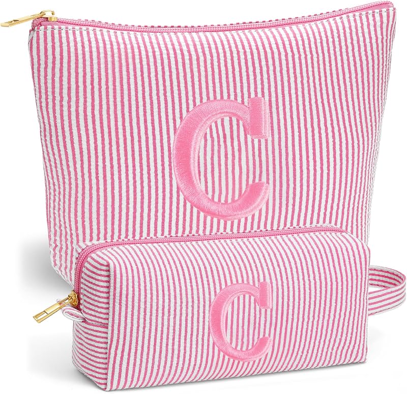 Conjunto de necessaires de maquiagem Fohufo com inicial bordada, rosa, 2 unidades