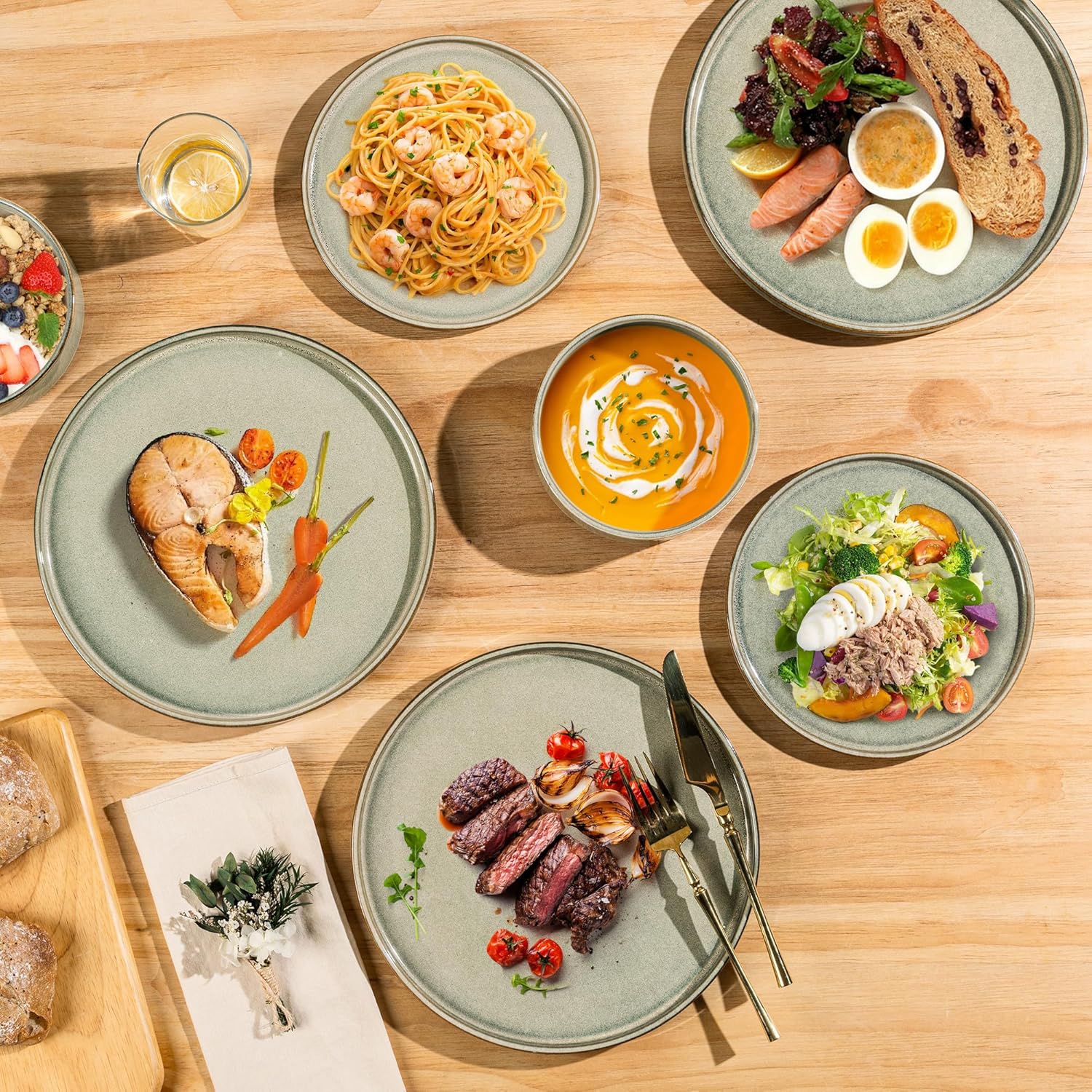 AmorArc Ceramic Dinnerware Sets, Handmade Reactive Glaze Stoneware Plates and Bowls Sets,Highly Chip and Crack Resistant | Dishwasher & Microwave Safe Dishes Set, Service for 4 (12pc)