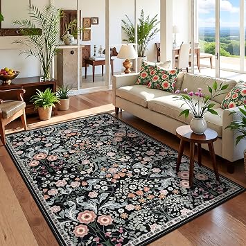 Washable Rugs Living Room Large 120x170cm, Floral Washable Rug Soft Vintage Boho Living Room Rug, Non-Slip Floor Carpet Area Rugs for Bedroom Dining Room Kitchen Home Office