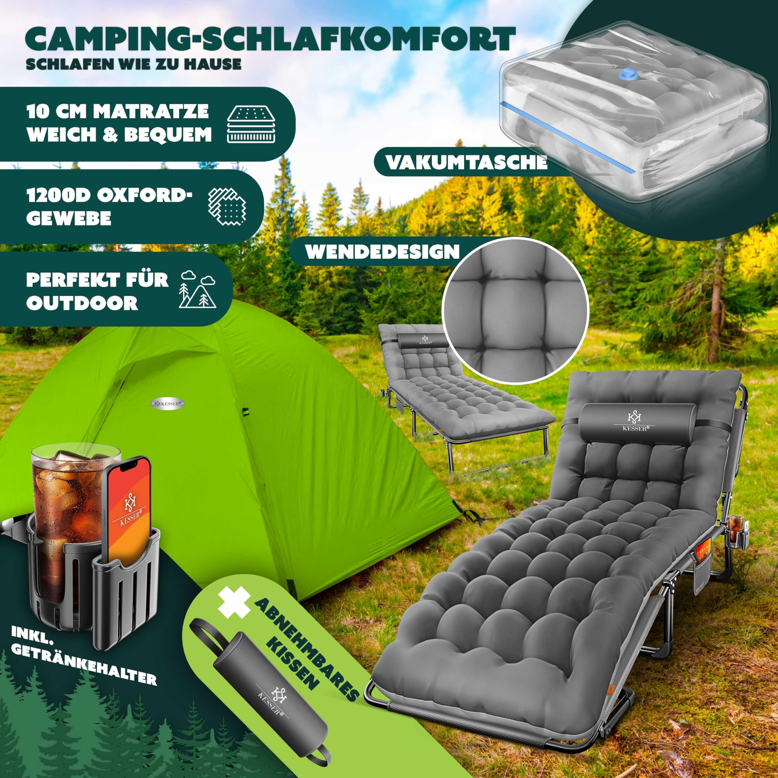 KESSER® Campingbett Feldbett klappbar 190x68x30cm bis 250kg belastbar aus Oxford-Gewebe & stabilem Stahlgerüst, Sonnenliege für Camping inkl. Tragetasche, Nackenkissen, Seitentasche & Getränkehalter