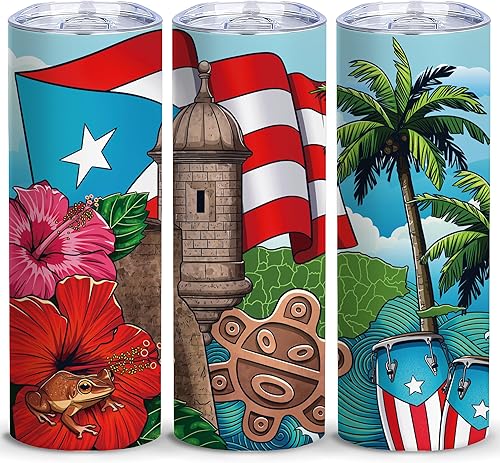 Boricua - Vaso térmico y delgado con tapa, botella de agua reutilizable de acero inoxidable de 20 onzas para bebidas calientes y frías, taza de té,
