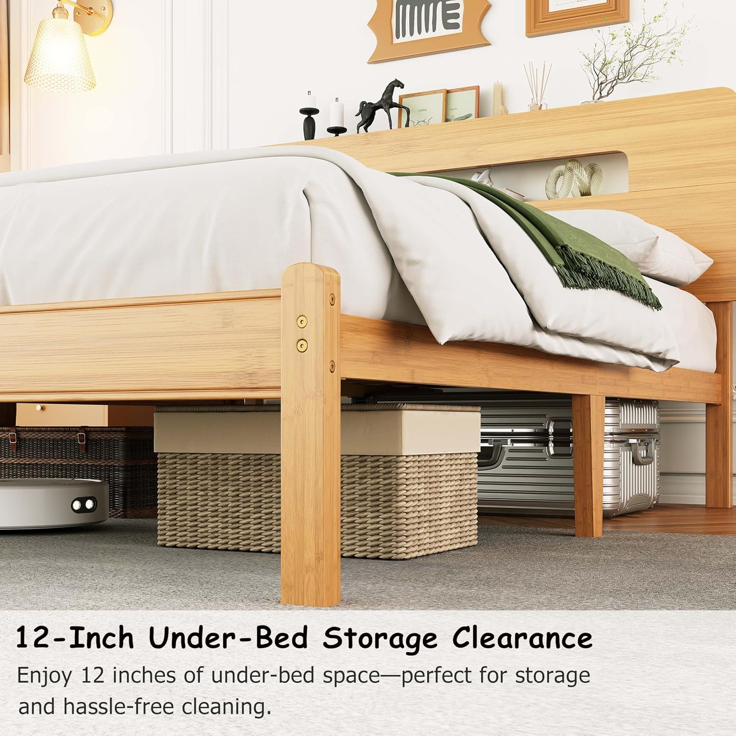 ZIYOO Twin Size Bamboo Bed Frame 14 Inch, Built-in Headboard Storage, Heavy Duty, No Box Spring Needed, Easy Assembly, Noise-Free