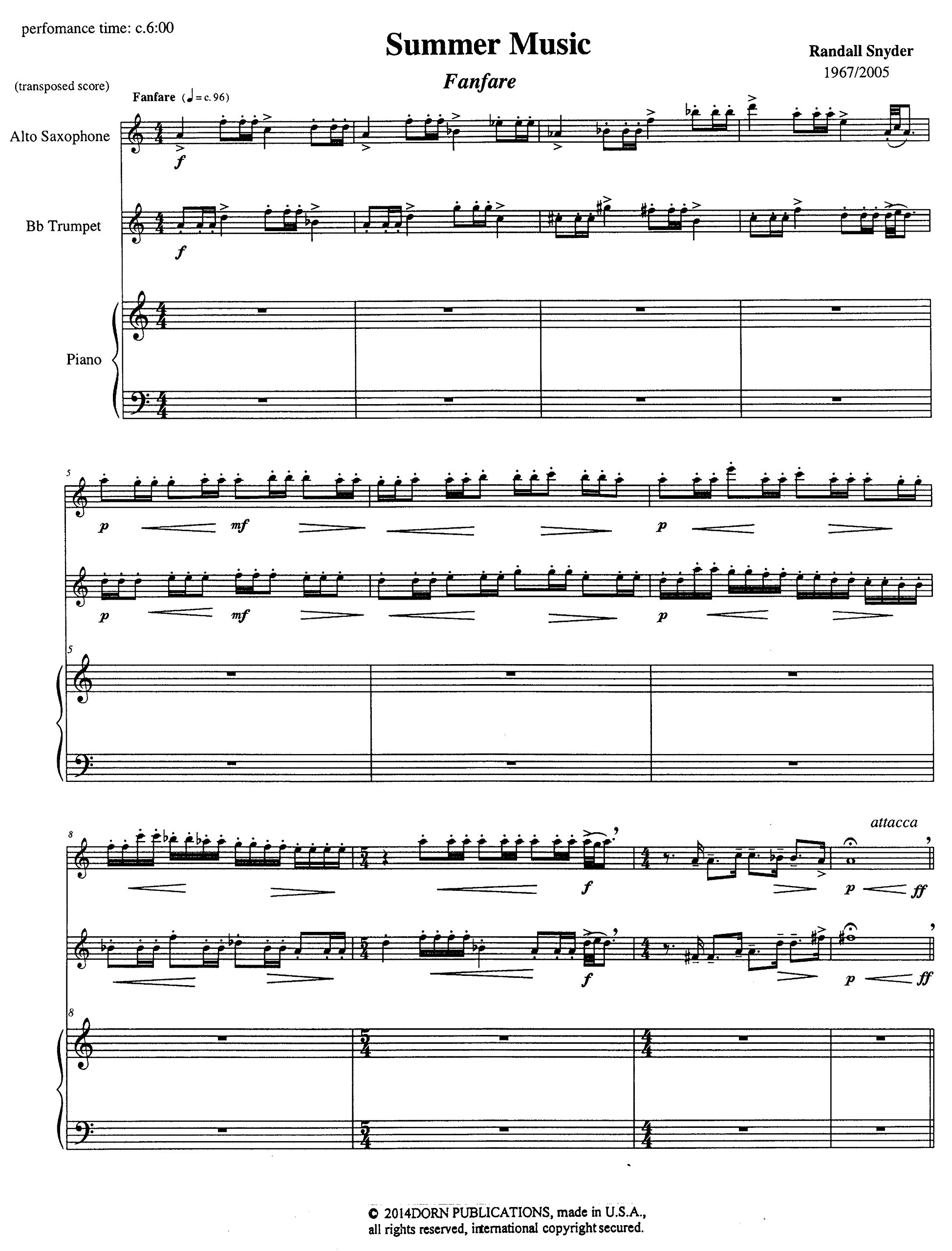 Partition Summer Music saxophone trompette piano Randall Snyder musique de chambre