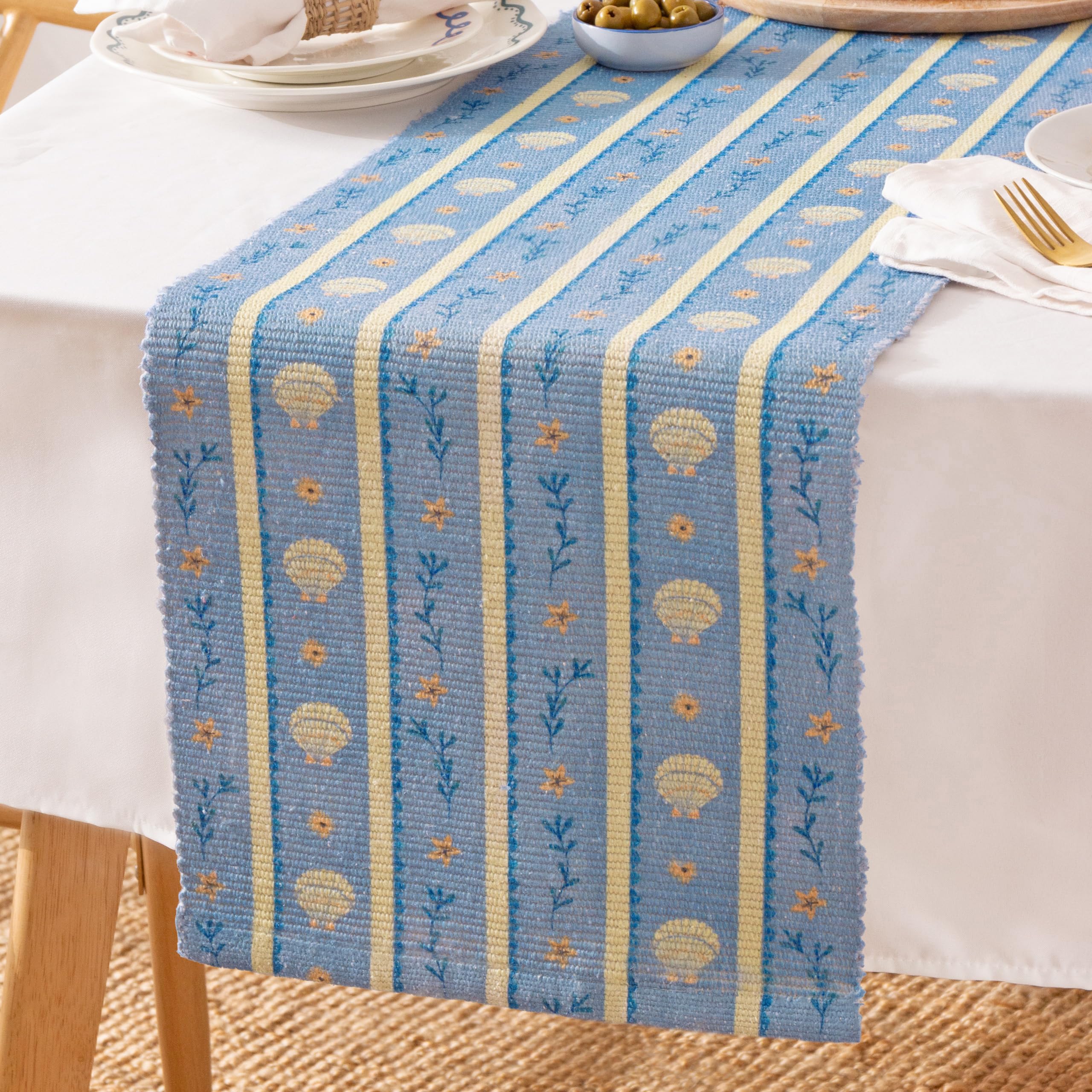 Furn. Blue Sea Shells Table Runner – Washable Nautical Stripe Coastal Quick Drying Dining Table Decoration ( - 180X35cm)