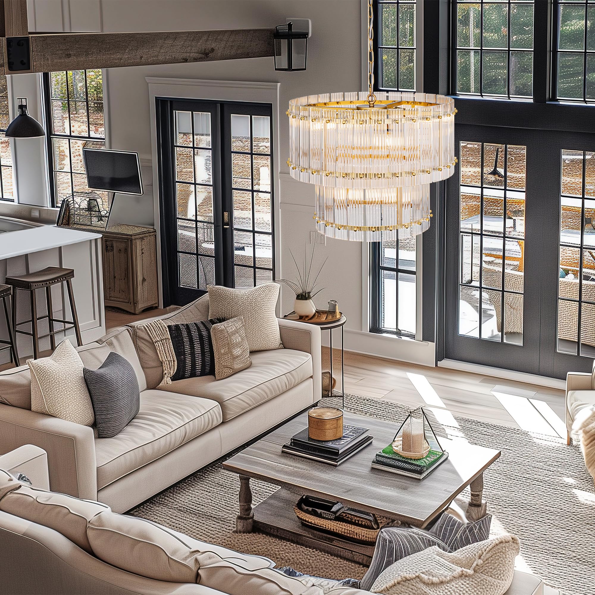 TOCHIC Modern Glass Chandeliers, 2 Tiers Gold Farmhouse Chandelier