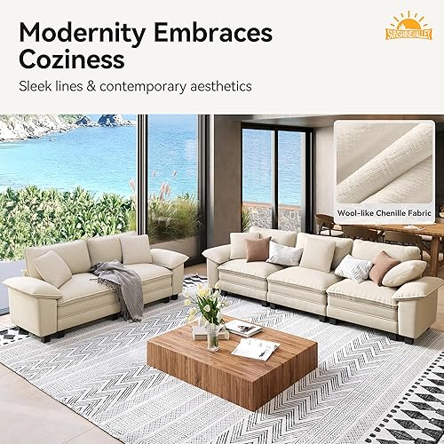 Miniatura 8 de Juego de sofá y sofá cama, asiento modular de chenilla extragrande y sofá de 3 plazas con almohadas, juego de muebles de sofá seccional moderno de 2