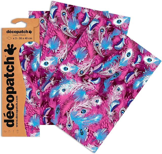 Décopatch - Ref C577O - Purple Peacock Feather Print Paper Pack - Each Sheet 30 x 40cm, Pack of 3 Paper Sheets - Best Used With Décopach Glue & Varnish, Multicoloured
