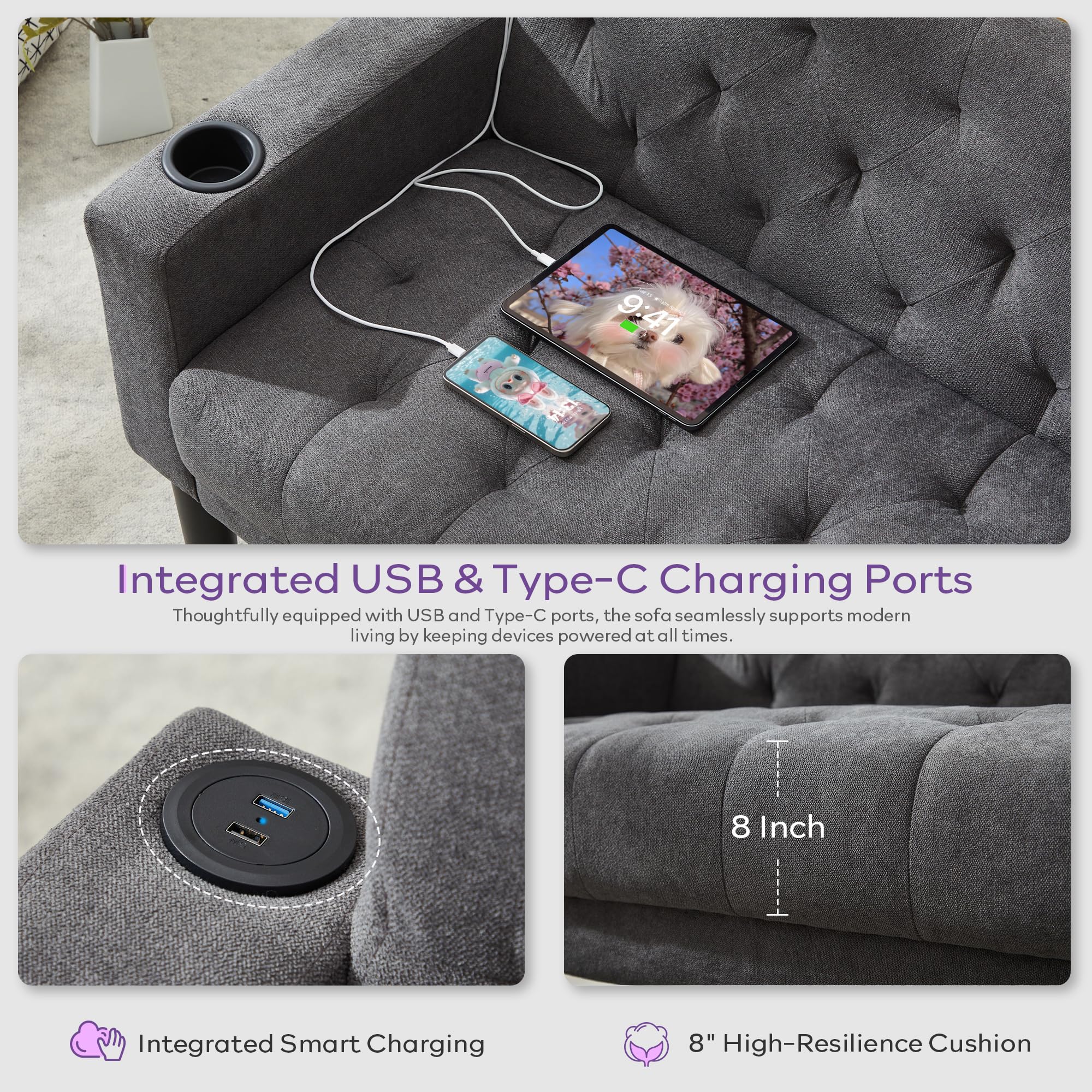 TYBOATLE 62" W Loveseat Sofa w/ 2 USB Charger Ports and 2 Cupholders | Mid-Century Modern Tufted Linen Fabric Small Love Seat Couches for Compact Living Room, Bedroom, Apartment, Dorm