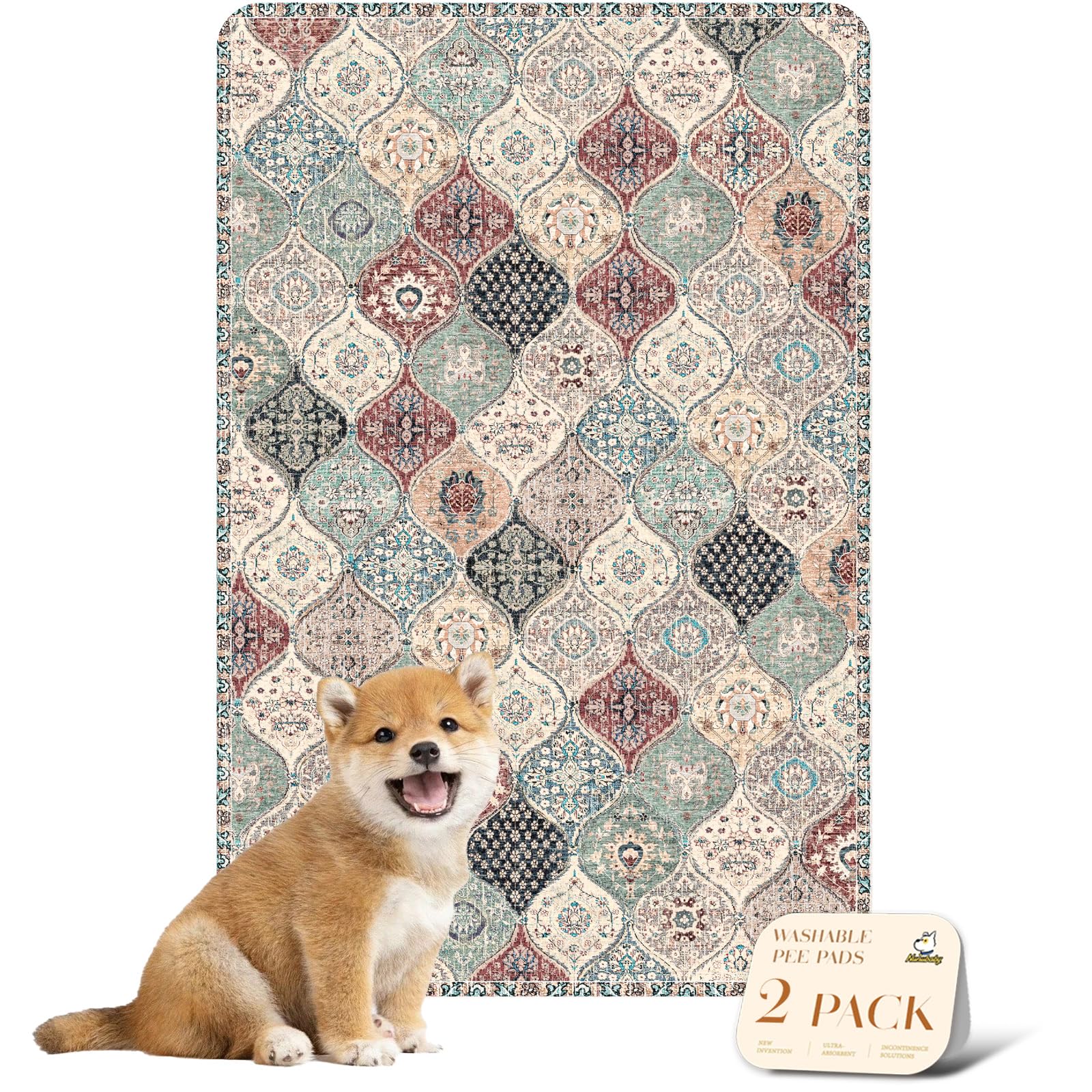 nunubaby Washable Pee Pads for Dogs, Stylish, Non-Slip and Leak-Proof Pee Pads. Reusable Potty Pads for Dogs for Crates and Floors.(Dark Red/Multi,24" x36" )