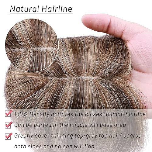 Miniatura 3 de S-noilite Toppers de cabello humano de densidad del 150 % con flequillo, base de seda, clip en la parte superior con clip para mujeres con cubierta