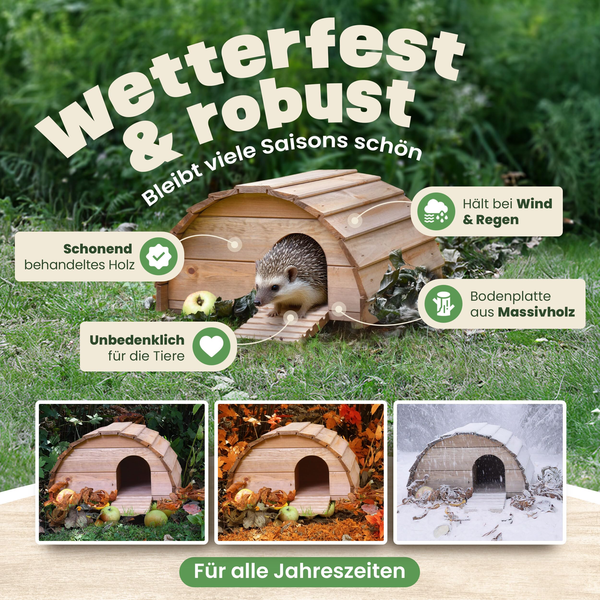 zooprinz Igelhaus aus Vollholz – Winterfest & wetterfest, mit Bodenplatte – Labyrinth-Eingang gegen Räuber – erhöht, warm & trocken – Outdoor Igelfutterhaus für Garten, fertig montiert (Mittelbraun)