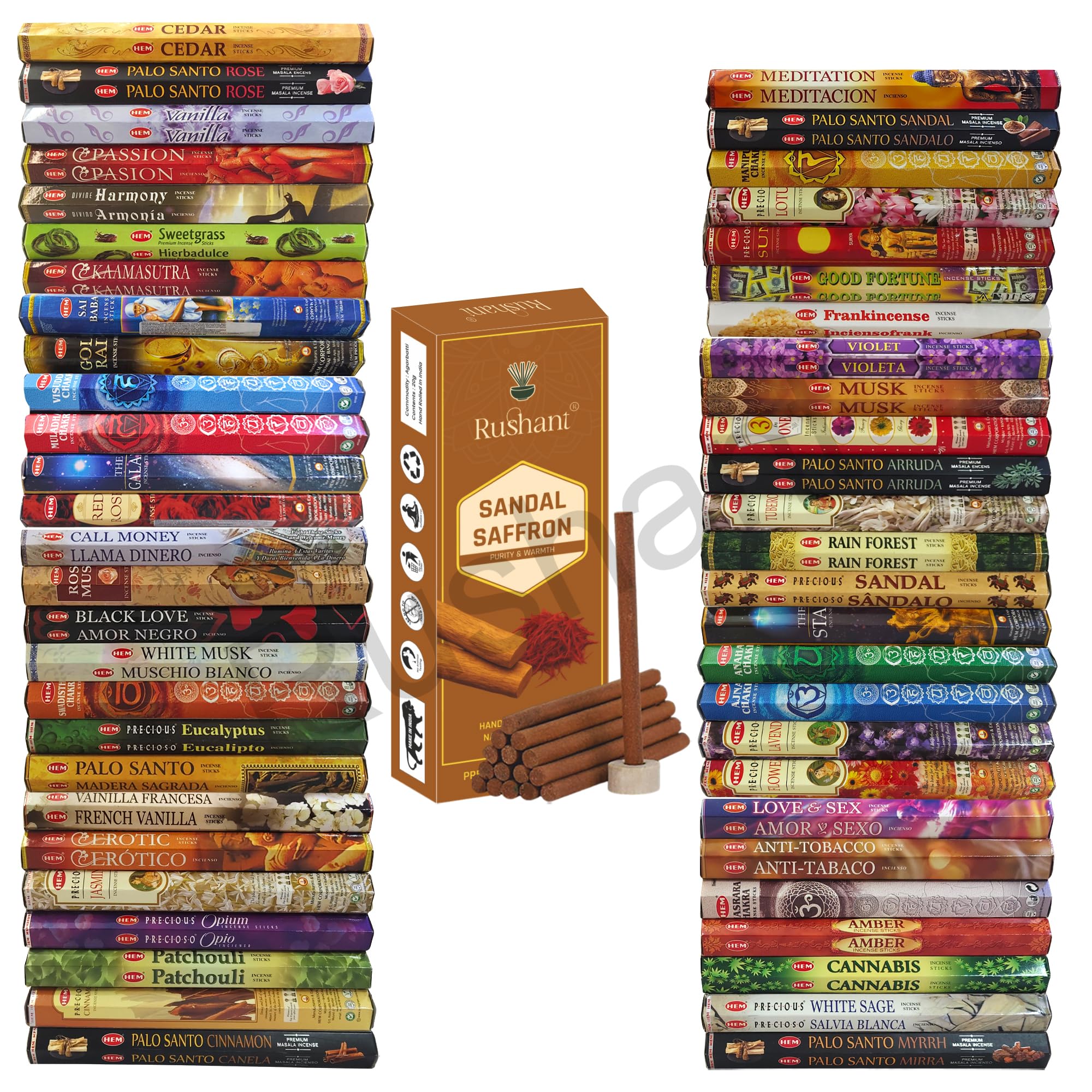 Hem Incense Sticks Gift Set – 300 Sticks (15 Packs x 20 Packs) + Free Rushant Sandal Saffron Dhoop Sticks – Long Burning Aromatherapy for Meditation, Yoga, Relaxation & Home Fragrance