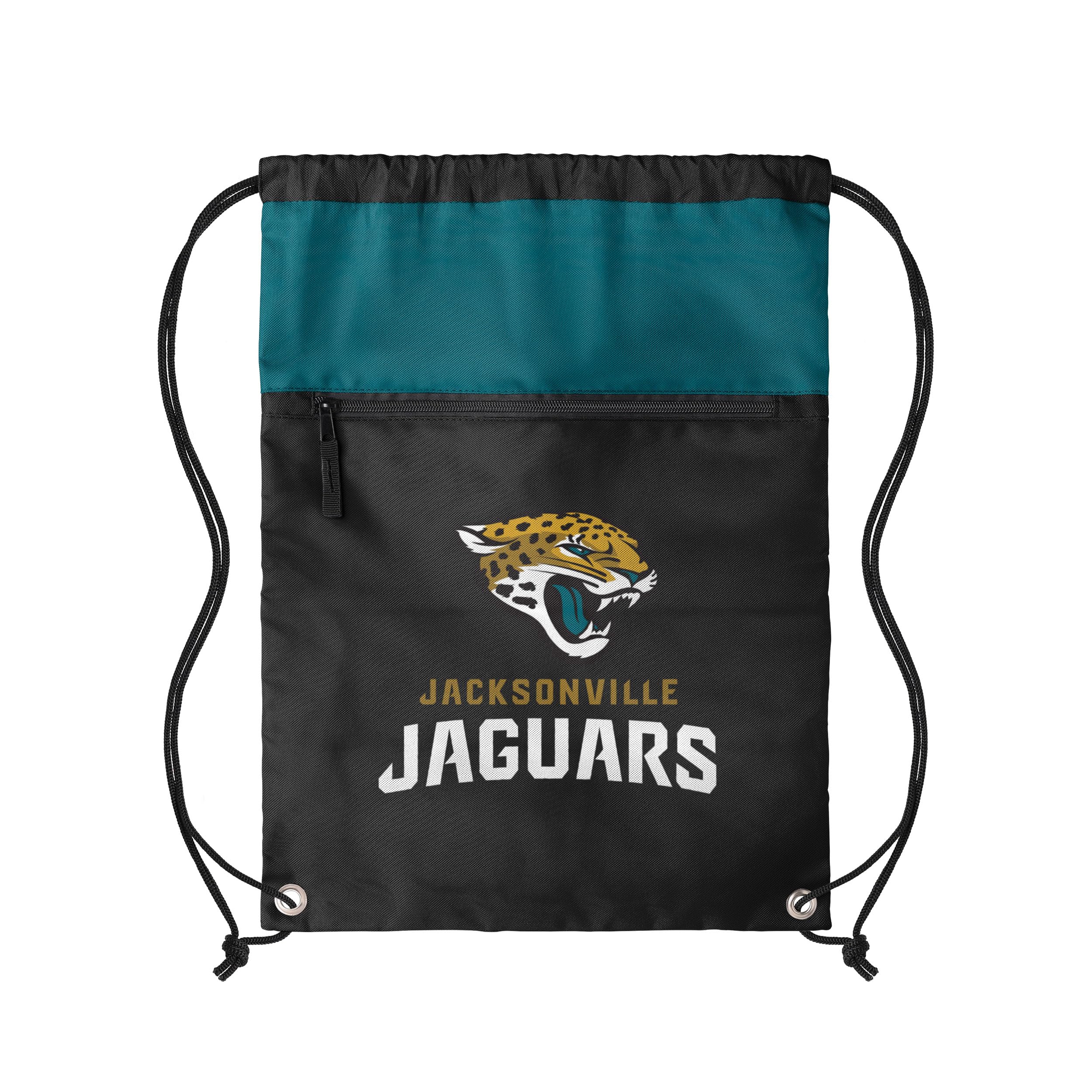 FOCO NFL Officially Licensed Unisex Team Color Football Primary Logo Wordmark Drawstring Backpack With Zippered Pocket, Jacksonville Jaguars, One Size, Daypack Backpacks