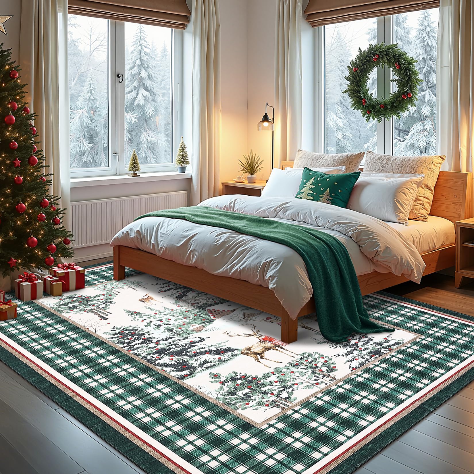 GarveeHome Christmas Washable Rug for Living Room, 6x9 Holiday Decor Area Rug for Bedroom Soft Low Pile Christmas Tree and Deer Rug Non Slip Throw